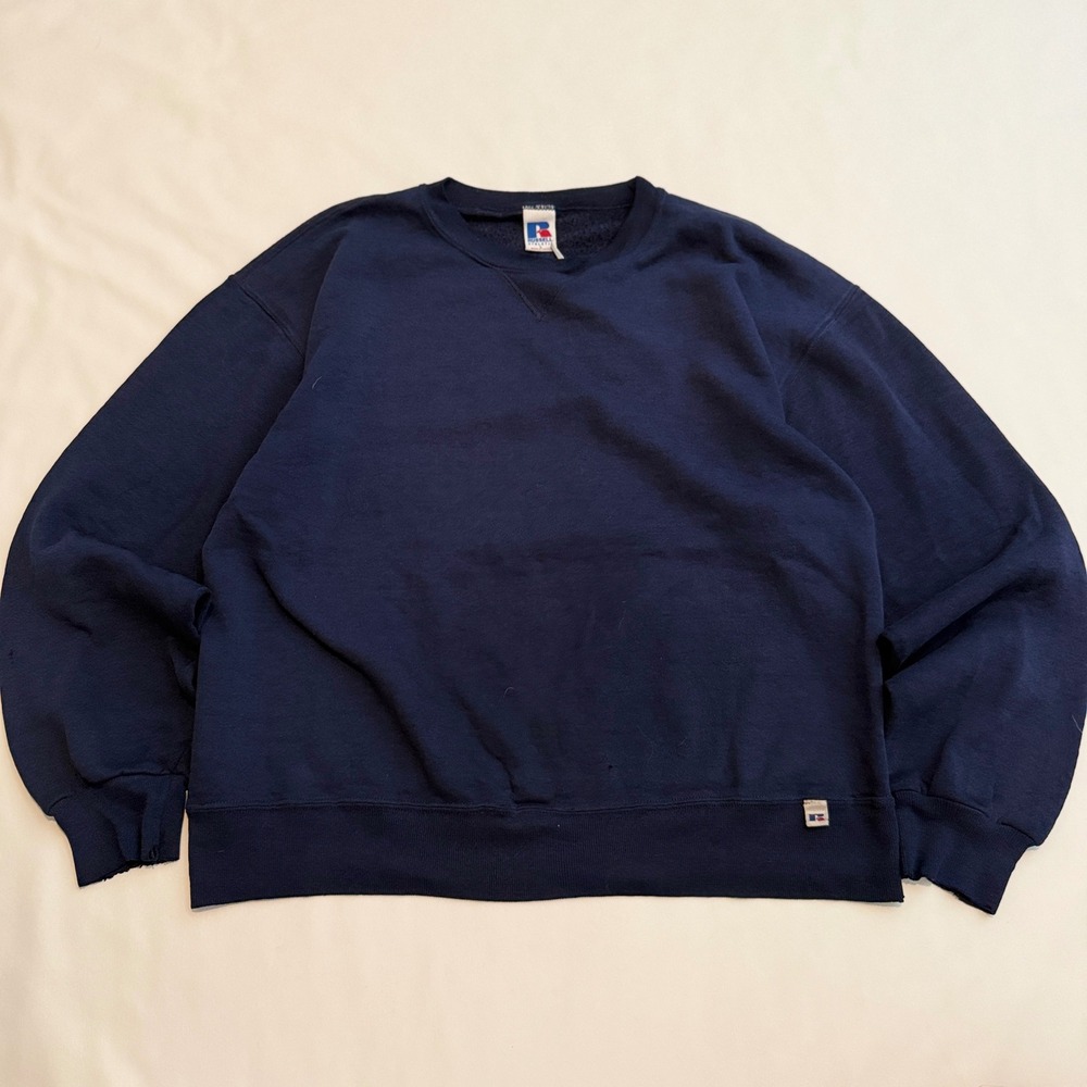 Russell Athletic Sweatshirt Mens L Navy Blue Vintage 90s Crewneck Distressed